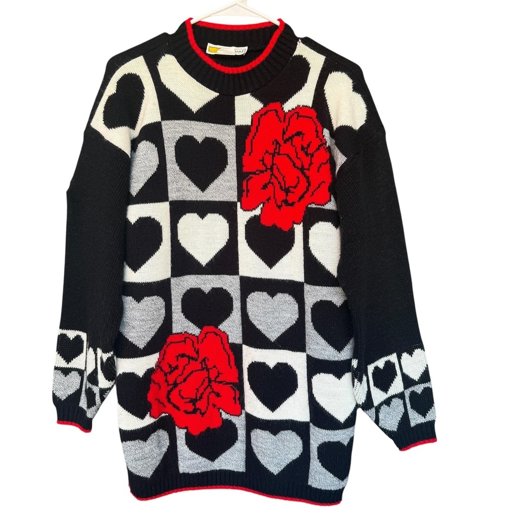 Vintage Traffic Jam Sweater Womens Large Black Hearts Roses Graphic Knit 80s